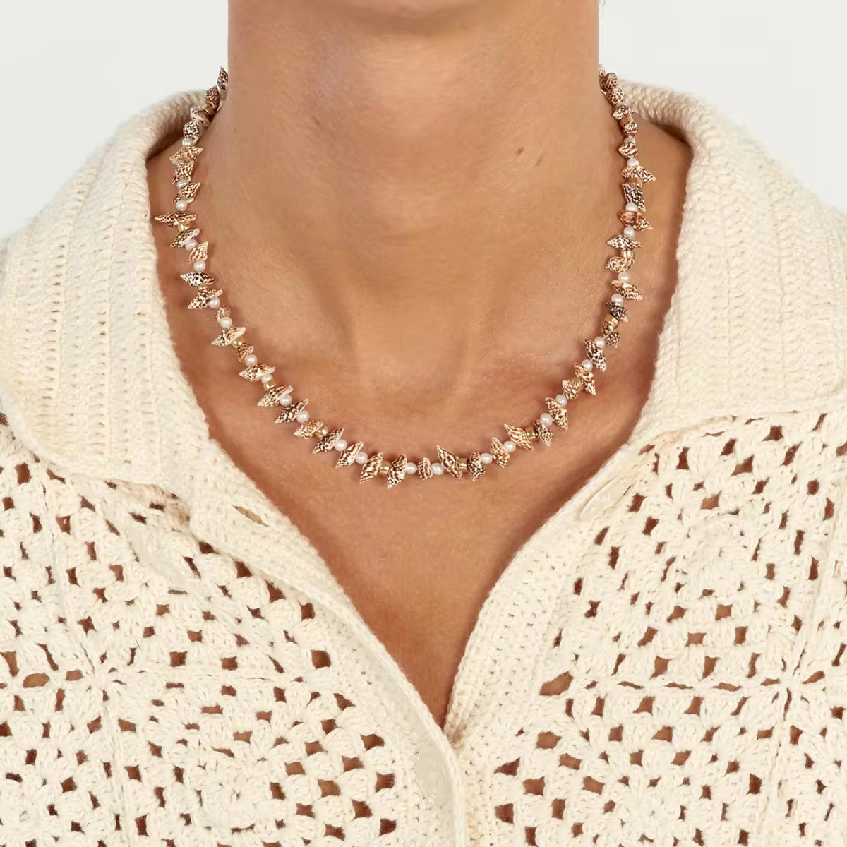 18K Gold Plated Stainless Steel Full Strand Small Conch Pearl Steel Bead Necklace, 38Cm+5Cm