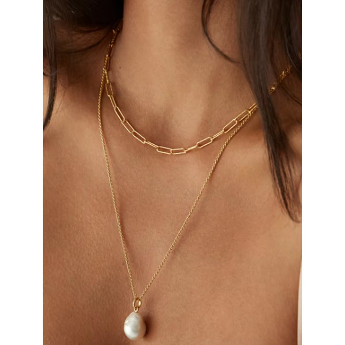 18K Gold Plated Stainless Steel + Pearl Long Coil Chain Necklace, 40/50+5Cm