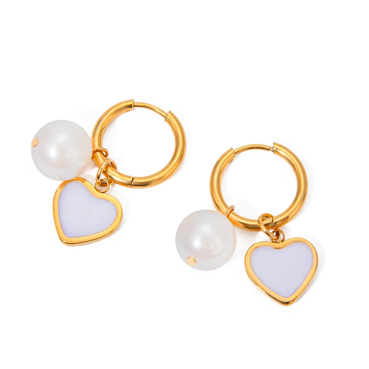 J&D Cute Stainless Steel Girls 18K Gold Earrings Pink White Heart and Pearl Charms Huggie Earrings