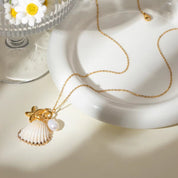 18K Gold Plated Stainless Steel Shell, Starfish, and Glass Pearl Pendant Necklace, 45+5Cm