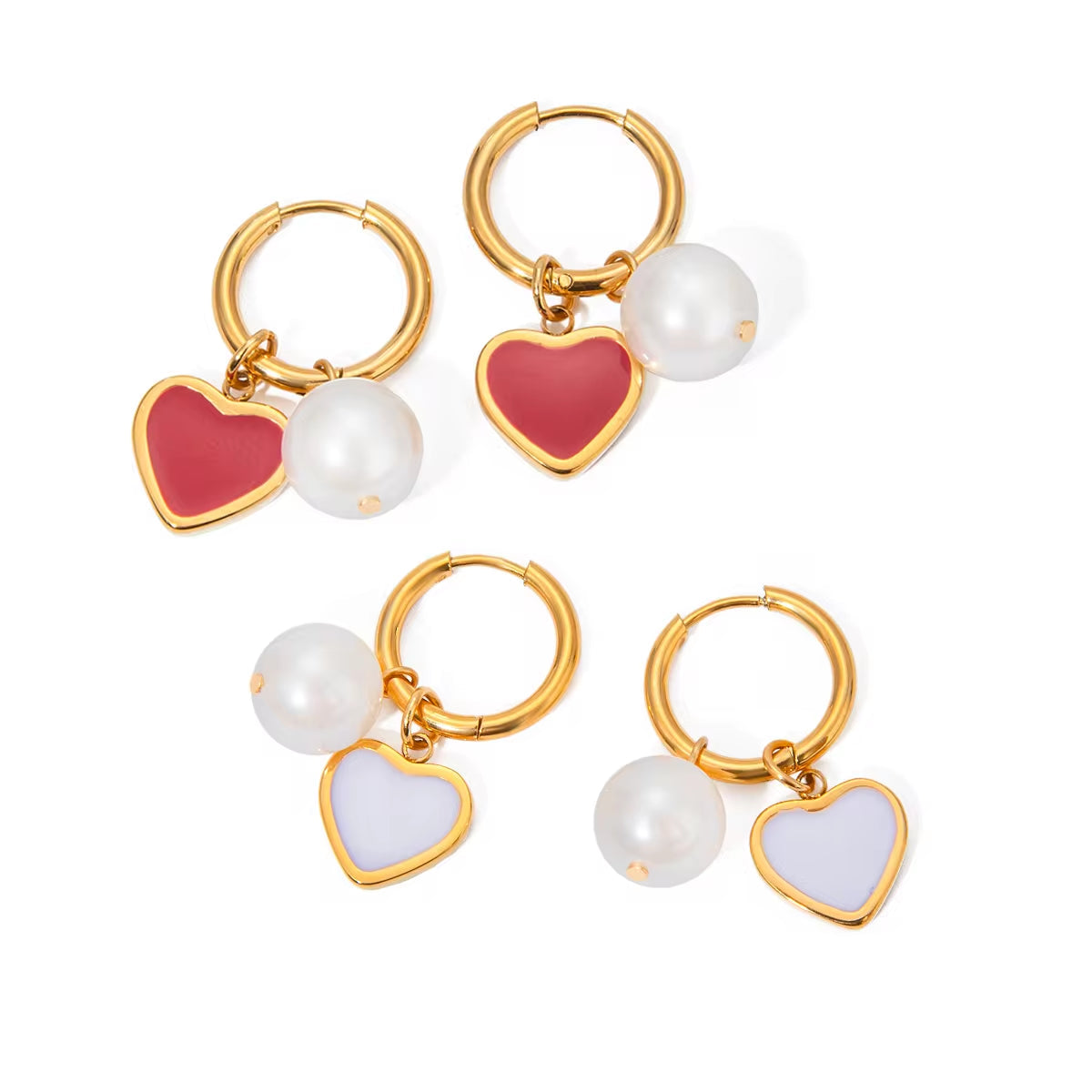 J&D Cute Stainless Steel Girls 18K Gold Earrings Pink White Heart and Pearl Charms Huggie Earrings