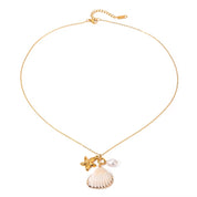 18K Gold Plated Stainless Steel Shell, Starfish, and Glass Pearl Pendant Necklace, 45+5Cm