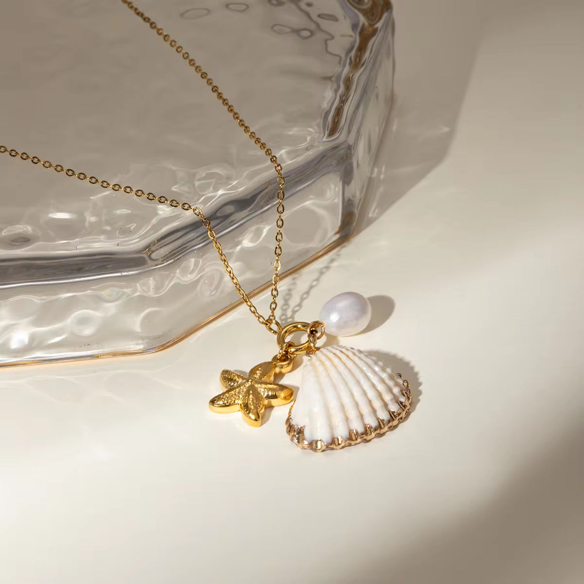 18K Gold Plated Stainless Steel Shell, Starfish, and Glass Pearl Pendant Necklace, 45+5Cm