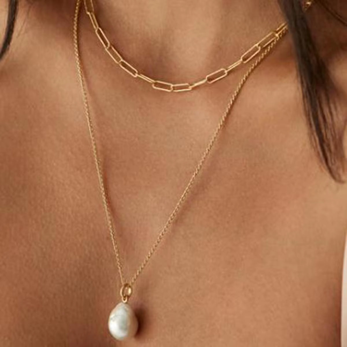 18K Gold Plated Stainless Steel + Pearl Long Coil Chain Necklace, 40/50+5Cm